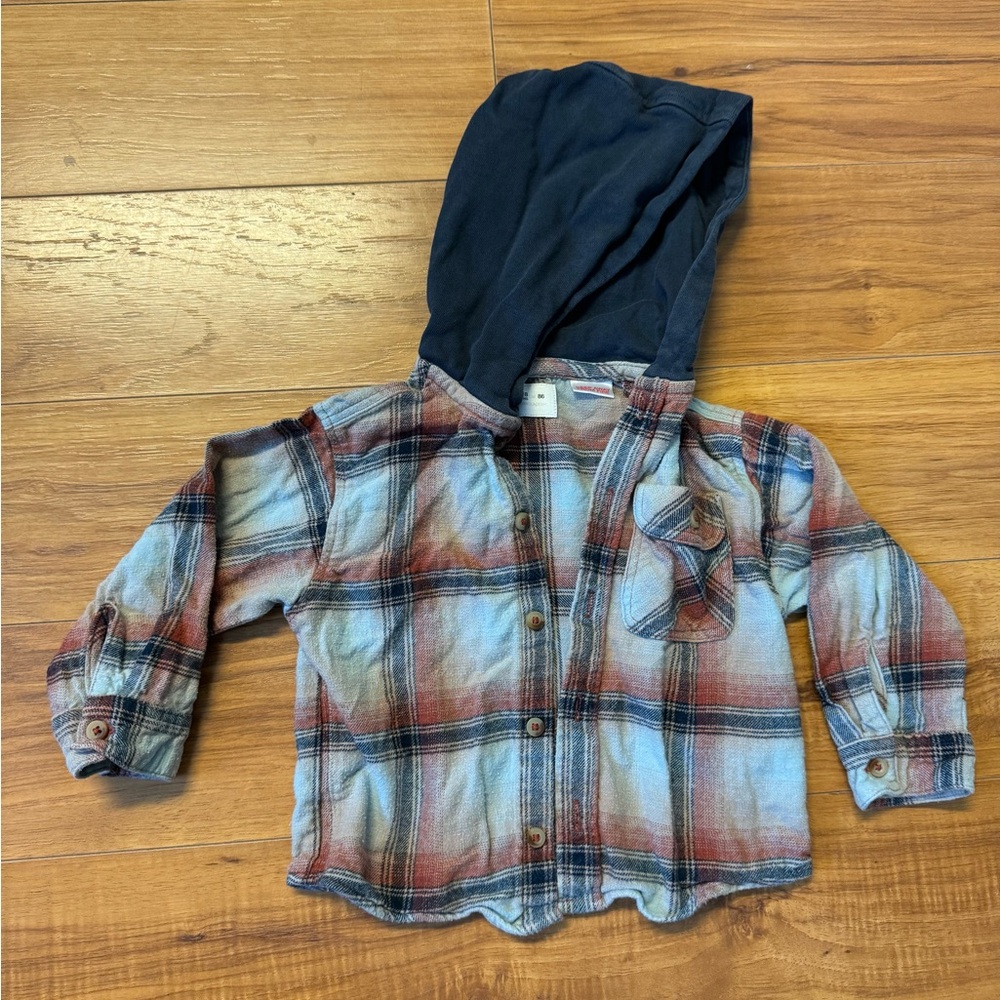 Zara Kids Blue and Red Plaid Hooded Shirt